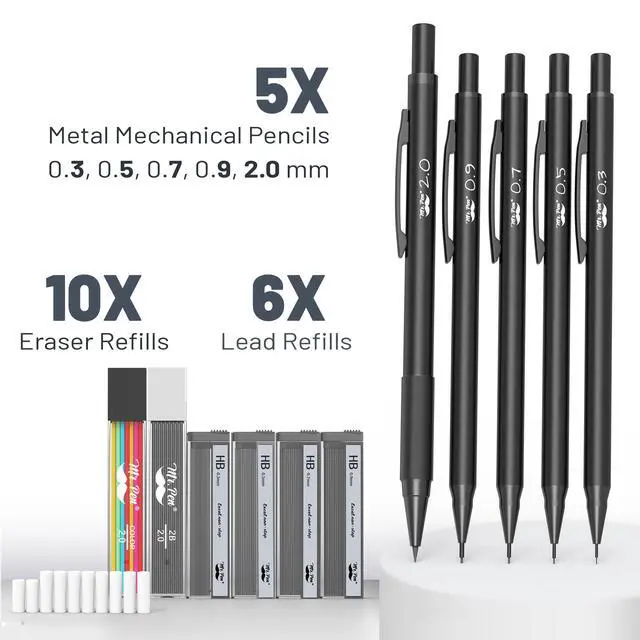 Alt view image 2 of 7 - Metal Mechanical Pencil Set with Lead Refills & Erasers, 5 Pack | 5 Sizes, 0.3, 0.5, 0.7, 0.9 & 2mm, 6x Tubes HB, 2B & Colored Lead Refills for School Supplies, Note Taking, Fathers Day Gift