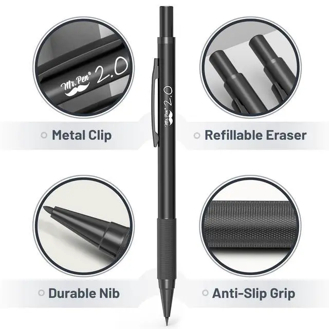 Alt view image 4 of 7 - Metal Mechanical Pencil Set with Lead Refills & Erasers, 5 Pack | 5 Sizes, 0.3, 0.5, 0.7, 0.9 & 2mm, 6x Tubes HB, 2B & Colored Lead Refills for School Supplies, Note Taking, Fathers Day Gift