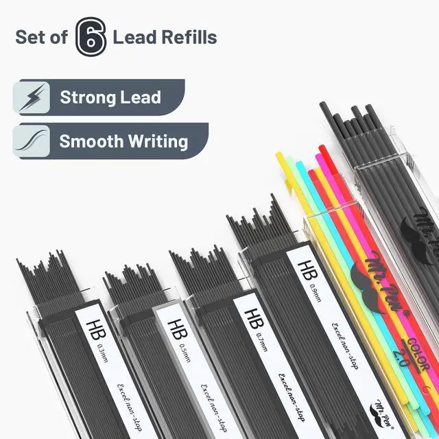 Alt view image 6 of 7 - Metal Mechanical Pencil Set with Lead Refills & Erasers, 5 Pack | 5 Sizes, 0.3, 0.5, 0.7, 0.9 & 2mm, 6x Tubes HB, 2B & Colored Lead Refills for School Supplies, Note Taking, Fathers Day Gift