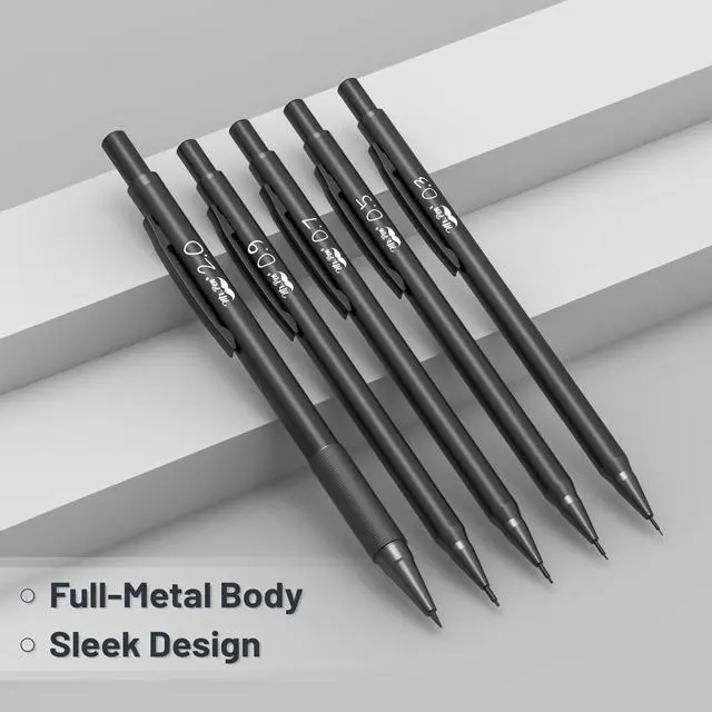 Alt view image 5 of 7 - Metal Mechanical Pencil Set with Lead Refills & Erasers, 5 Pack | 5 Sizes, 0.3, 0.5, 0.7, 0.9 & 2mm, 6x Tubes HB, 2B & Colored Lead Refills for School Supplies, Note Taking, Fathers Day Gift