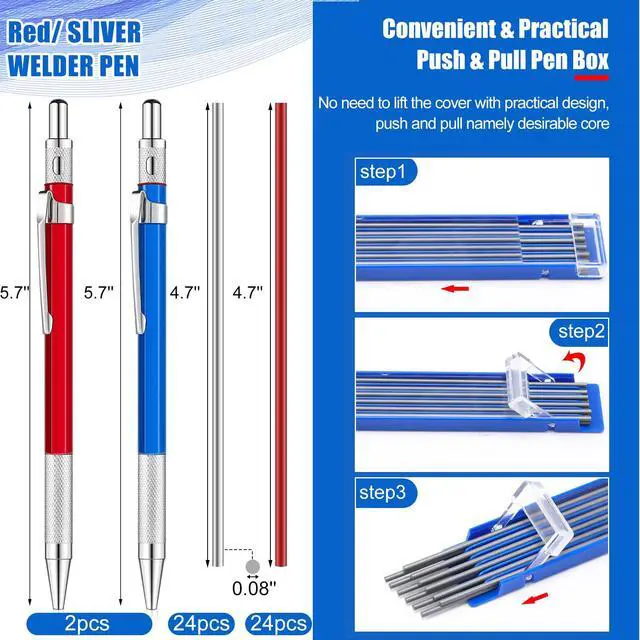 Alt view image 2 of 7 - 2 Pcs Welders Pencil 48 Refill, Red, Silver | Mechanical Metal Welding Marker for Tube Pipe Fitter Welder, Refillable Pen Steel Construction Woodworking, Marking Tool
