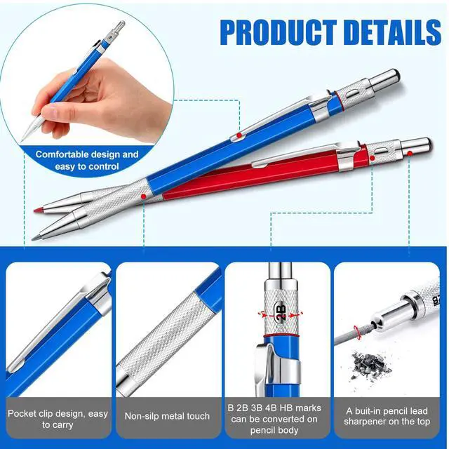 Alt view image 3 of 7 - 2 Pcs Welders Pencil 48 Refill, Red, Silver | Mechanical Metal Welding Marker for Tube Pipe Fitter Welder, Refillable Pen Steel Construction Woodworking, Marking Tool