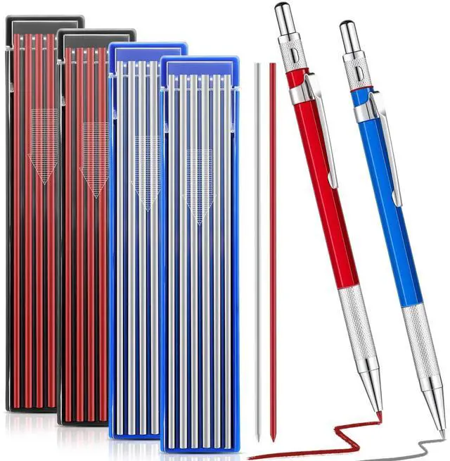 Main image of 2 Pcs Welders Pencil 48 Refill, Red, Silver | Mechanical Metal Welding Marker for Tube Pipe Fitter Welder, Refillable Pen Steel Construction Woodworking, Marking Tool