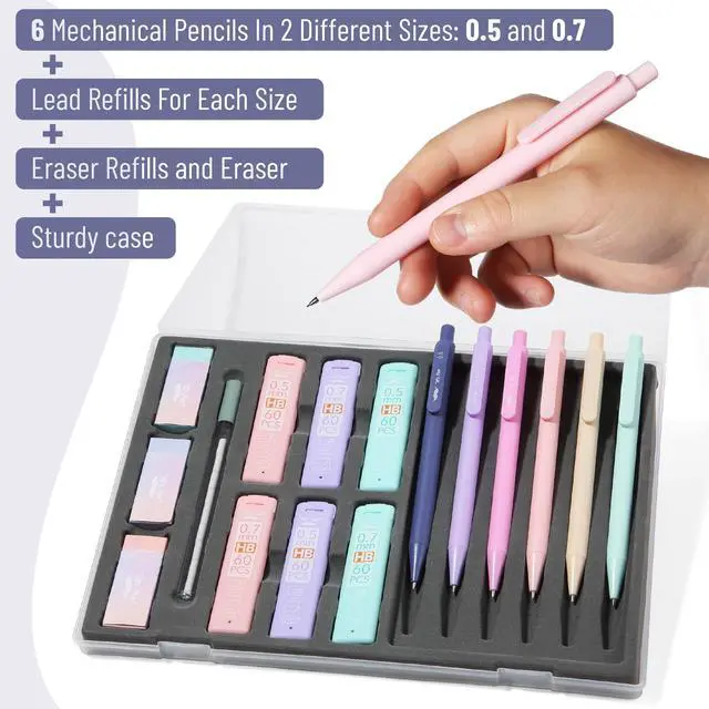 Alt view image 2 of 5 - Pastel Mechanical Pencil Set with Lead Refills & Erasers, 6 Pack | 2 Sizes, 0.5 & 0.7mm, 6 Tubes HB Lead Refill, 3x Erasers for School Supplies, Note Taking, Drawing, Sketching, Office