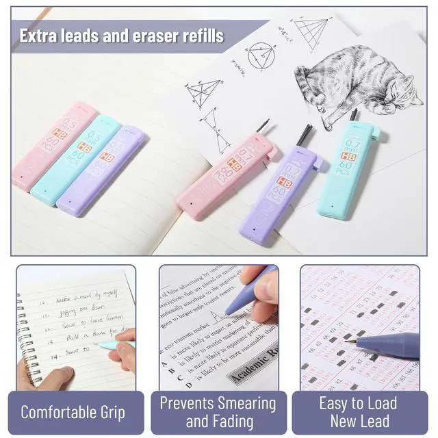 Alt view image 4 of 5 - Pastel Mechanical Pencil Set with Lead Refills & Erasers, 6 Pack | 2 Sizes, 0.5 & 0.7mm, 6 Tubes HB Lead Refill, 3x Erasers for School Supplies, Note Taking, Drawing, Sketching, Office