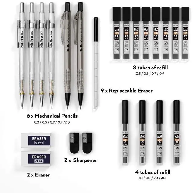 Alt view image 4 of 6 - 6PCS Art Mechanical Pencil Set, 4PCS Drafting Pencils 0.3 & 0.5 & 0.7 & 0.9 mm & 2PCS 2mm Lead Holder (4B 2B HB 2H) For Writing, Sketching Drawing With 12 Tube Lead Refills Erasers Case