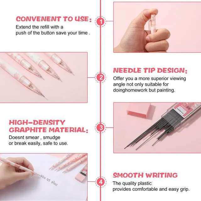 Alt view image 6 of 7 - Pink Mechanical Pencils Set, 4pcs Cute Mechanical Pencils with A Tube of 0.5MM Pencil Refills & Top Erasers Aesthetic School Supplies Back to School Gift