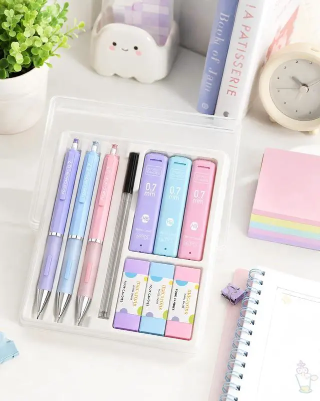 Alt view image 2 of 7 - 0.7mm Pastel Mechanical Pencil Set with Case, 3-Pack | 360 Leads, 3 Erasers+9 Refills, Cute Pink/Purple/Blue Barrels, Non-Slip Grip, for School Notes & Everyday Writing