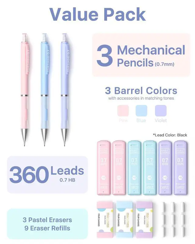 Alt view image 7 of 7 - 0.7mm Pastel Mechanical Pencil Set with Case, 3-Pack | 360 Leads, 3 Erasers+9 Refills, Cute Pink/Purple/Blue Barrels, Non-Slip Grip, for School Notes & Everyday Writing