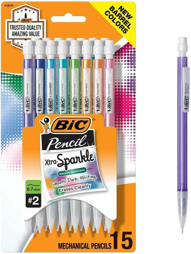 Main image of Xtra-Sparkle Number 2 Mechanical Pencils With Erasers, Medium Point (0.7mm), 15-Count Pack, Cute Mechanical Pencils for Girls, Boys and Adults (Barrel Colors May Vary)