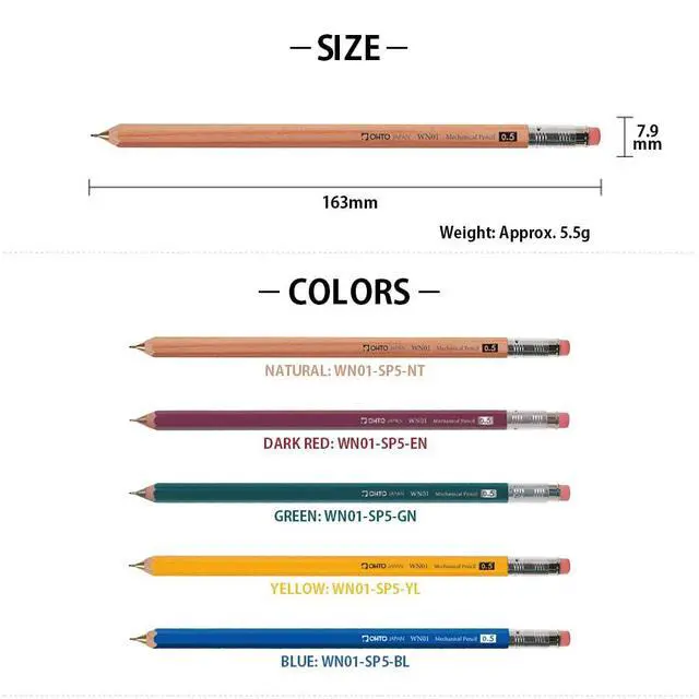 Alt view image 5 of 7 - OHTO WN01 Wooden Mechanical Pencil, 0.5mm Fine Point, Standard Long Barrel, Green Body, Made from Incense Cedar, WN01-SP5-GN