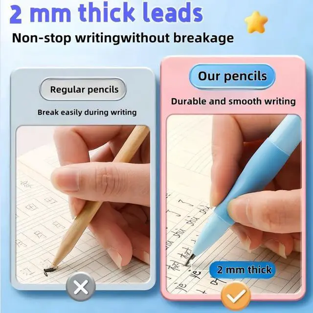 Alt view image 4 of 6 - 2.0mm Mechanical Pencil Set: 2 Pack Fat Grip Pencils for Kids with 14 Leads | Soft silicone grips, 14 HB lead refills and built-in sharpeners support preschool handwriting