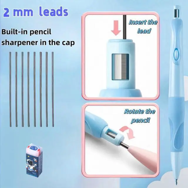 Alt view image 6 of 6 - 2.0mm Mechanical Pencil Set: 2 Pack Fat Grip Pencils for Kids with 14 Leads | Soft silicone grips, 14 HB lead refills and built-in sharpeners support preschool handwriting