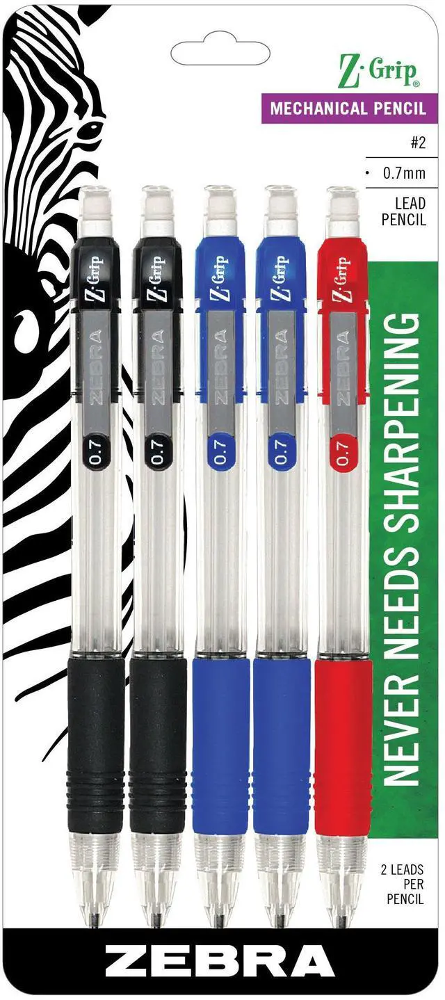 Main image of Z-Grip Mechanical Pencil, 0.7mm #2, Assorted Grip Barrels, 5-Pack | Latex-Free Grip, Smooth Writing, Comes Pre-Loaded with Lead and Eraser, Refillable, Ideal for School Supplies (52405)
