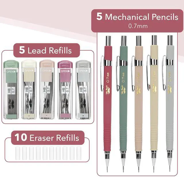Alt view image 2 of 7 - Mechanical Pencil Set with Lead and Eraser Refills, 5 Pack | 0.7mm, Sketching Pencils, Drafting Pencil, Drawing Mechanical Pencils