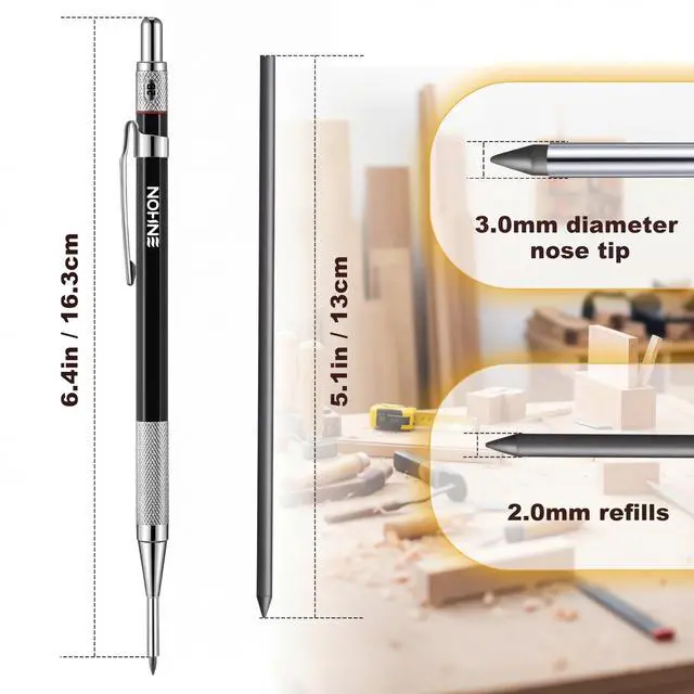Alt view image 2 of 7 - 2mm Carpenter Pencil Set with 12 Refills and Sharpener, Black | Woodworking Marking Tool Solid Deep Hole Construction Mechanical Pencil, Extended Needle-Nose Tip for Use in Jobs