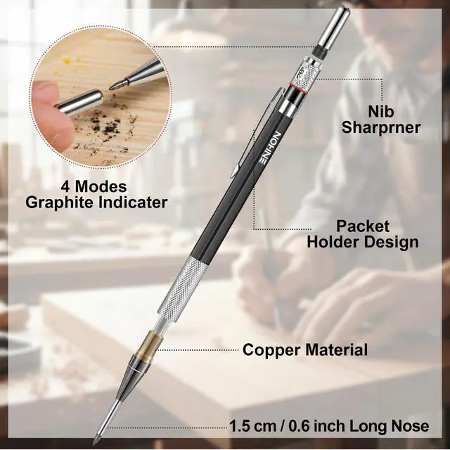 Alt view image 3 of 7 - 2mm Carpenter Pencil Set with 12 Refills and Sharpener, Black | Woodworking Marking Tool Solid Deep Hole Construction Mechanical Pencil, Extended Needle-Nose Tip for Use in Jobs