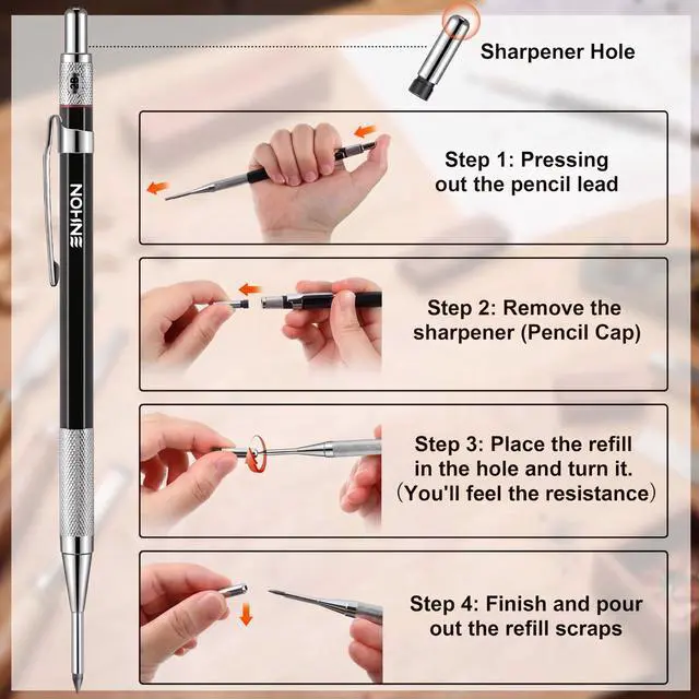 Alt view image 4 of 7 - 2mm Carpenter Pencil Set with 12 Refills and Sharpener, Black | Woodworking Marking Tool Solid Deep Hole Construction Mechanical Pencil, Extended Needle-Nose Tip for Use in Jobs