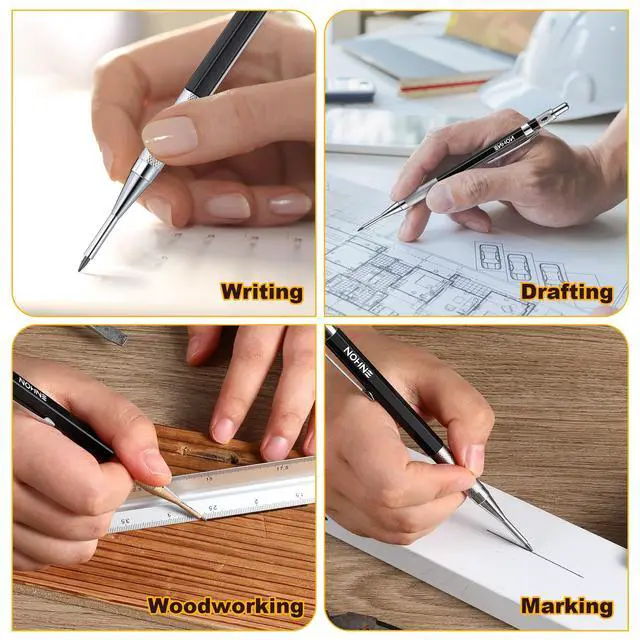 Alt view image 6 of 7 - 2mm Carpenter Pencil Set with 12 Refills and Sharpener, Black | Woodworking Marking Tool Solid Deep Hole Construction Mechanical Pencil, Extended Needle-Nose Tip for Use in Jobs