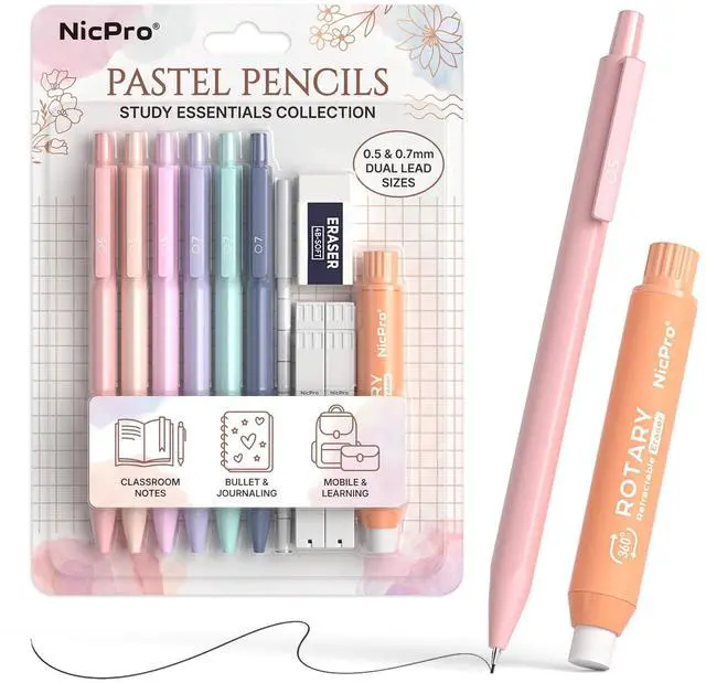 Main image of Pastel Mechanical Pencil Set, 0.5 & 0.7mm Cute Pencils, 6 Pack | 4 Tube HB Lead Refill, 4B Eraser, Rotary Retractable Eraser, Eraser Refills, Aesthetic School Supplies for Teen Girls