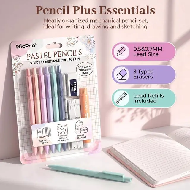 Alt view image 2 of 7 - Pastel Mechanical Pencil Set, 0.5 & 0.7mm Cute Pencils, 6 Pack | 4 Tube HB Lead Refill, 4B Eraser, Rotary Retractable Eraser, Eraser Refills, Aesthetic School Supplies for Teen Girls