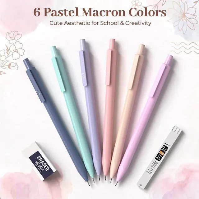Alt view image 3 of 7 - Pastel Mechanical Pencil Set, 0.5 & 0.7mm Cute Pencils, 6 Pack | 4 Tube HB Lead Refill, 4B Eraser, Rotary Retractable Eraser, Eraser Refills, Aesthetic School Supplies for Teen Girls
