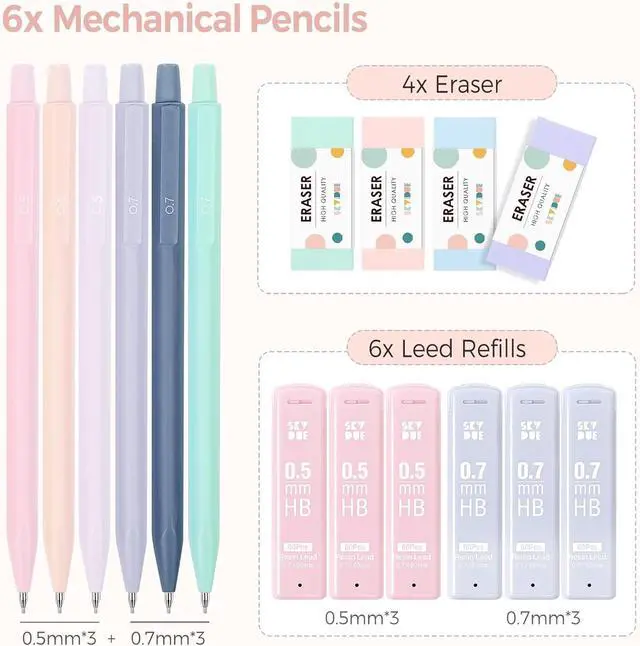Alt view image 2 of 7 - Cute Mechanical Pencils Set, 0.5mm & 0.7mm Mechanical Pencils, 360PCS HB Lead Refills, 4PCS Pastel Erasers, Pastel Aesthetic School Supplies for Writing, Drawing and Sketching
