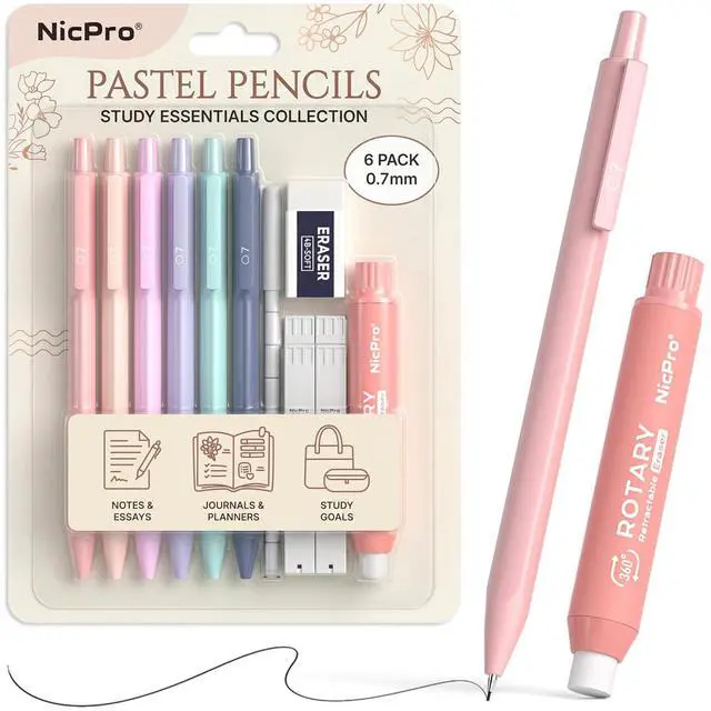 Main image of Pastel Mechanical Pencil Set, 0.7mm Cute Pencils, 6 Pack | 4 Tube HB Lead Refill, 4B Eraser, Rotary Retractable Eraser, Eraser Refills, Aesthetic School Supplies for Teen Girls