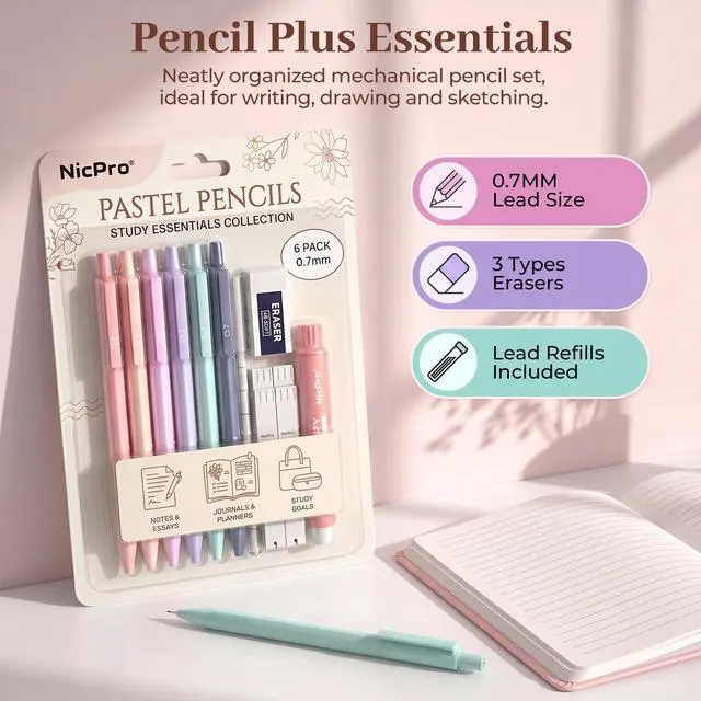 Alt view image 5 of 7 - Pastel Mechanical Pencil Set, 0.7mm Cute Pencils, 6 Pack | 4 Tube HB Lead Refill, 4B Eraser, Rotary Retractable Eraser, Eraser Refills, Aesthetic School Supplies for Teen Girls