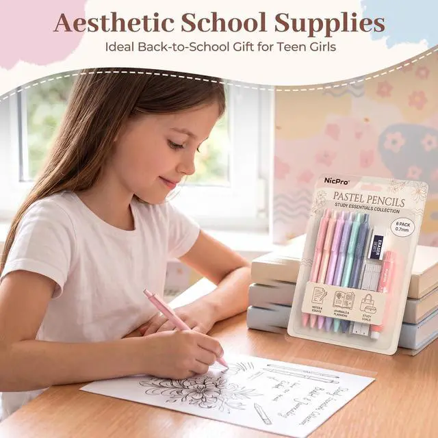 Alt view image 7 of 7 - Pastel Mechanical Pencil Set, 0.7mm Cute Pencils, 6 Pack | 4 Tube HB Lead Refill, 4B Eraser, Rotary Retractable Eraser, Eraser Refills, Aesthetic School Supplies for Teen Girls