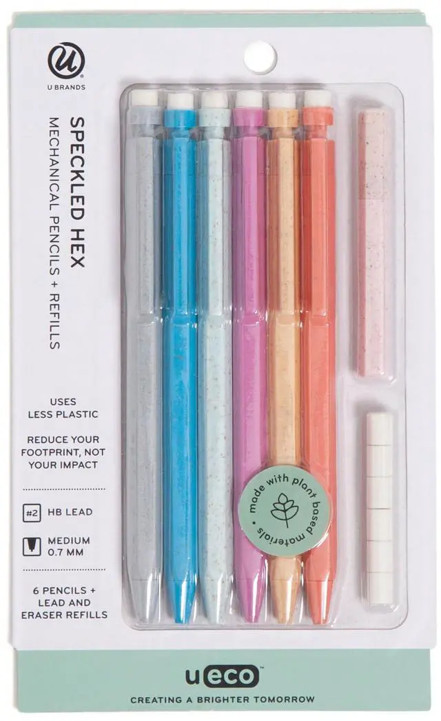 Main image of U-Eco Recycled Mechanical Pencil Set, Bulk Mechanical Pencils 0.7mm, Speckled Hex Brights, Medium Lead, School Supplies, 6 Pack