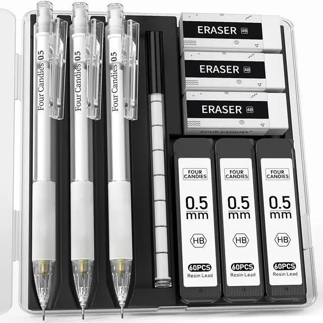 Main image of Cute Mechanical Pencil Set with Case - 3PCS Pencils 0.5mm with 180PCS HB Lead Refills, 3PCS Erasers, 9PCS Eraser Refills, White Clear Mechanical Pencil for Students Drawing, Writing