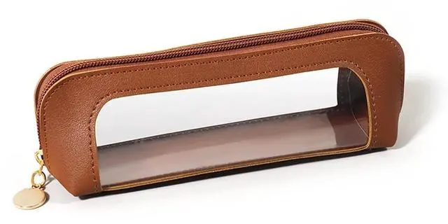 Main image of Small Clear Makeup Brush Bag, Brown PU Leather Travel Cosmetic Pouch, Transparent Waterproof Pencil Case Organizer with Zipper for Women Home & Office Storage