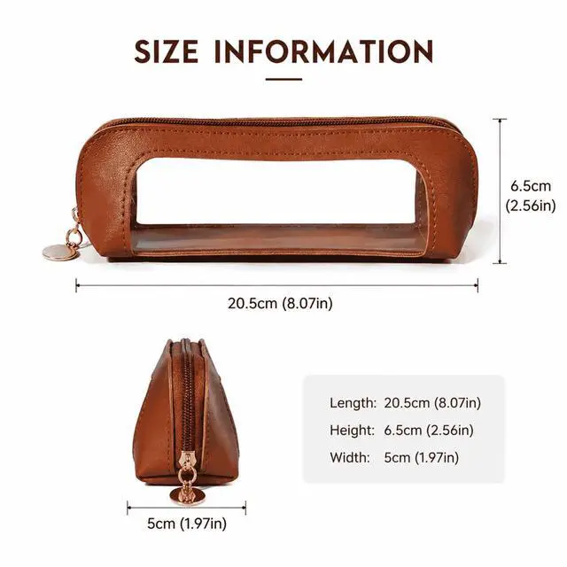 Alt view image 2 of 7 - Small Clear Makeup Brush Bag, Brown PU Leather Travel Cosmetic Pouch, Transparent Waterproof Pencil Case Organizer with Zipper for Women Home & Office Storage