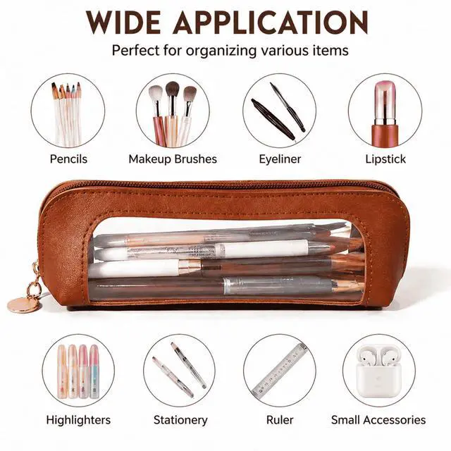 Alt view image 3 of 7 - Small Clear Makeup Brush Bag, Brown PU Leather Travel Cosmetic Pouch, Transparent Waterproof Pencil Case Organizer with Zipper for Women Home & Office Storage