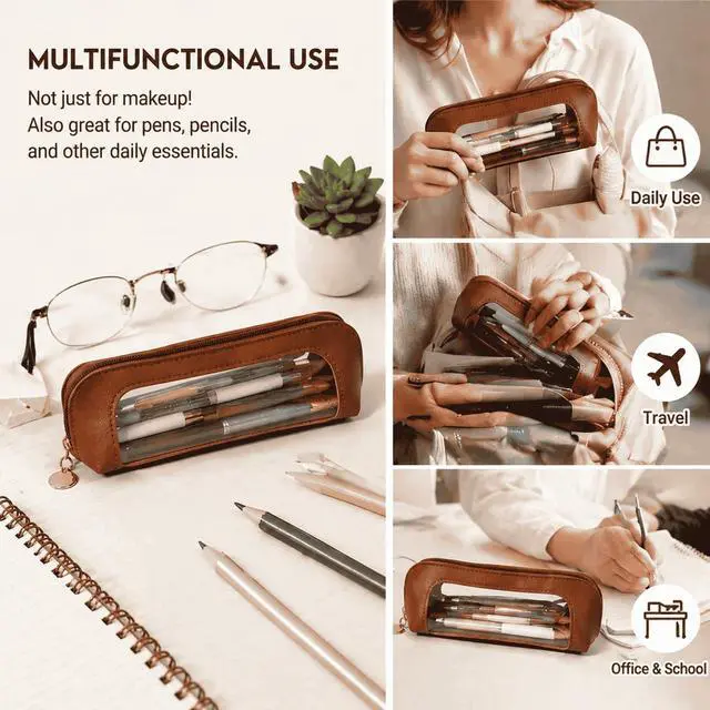 Alt view image 4 of 7 - Small Clear Makeup Brush Bag, Brown PU Leather Travel Cosmetic Pouch, Transparent Waterproof Pencil Case Organizer with Zipper for Women Home & Office Storage