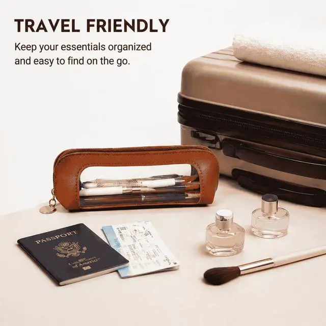 Alt view image 5 of 7 - Small Clear Makeup Brush Bag, Brown PU Leather Travel Cosmetic Pouch, Transparent Waterproof Pencil Case Organizer with Zipper for Women Home & Office Storage