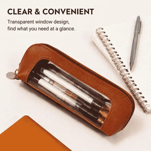 Alt view image 6 of 7 - Small Clear Makeup Brush Bag, Brown PU Leather Travel Cosmetic Pouch, Transparent Waterproof Pencil Case Organizer with Zipper for Women Home & Office Storage