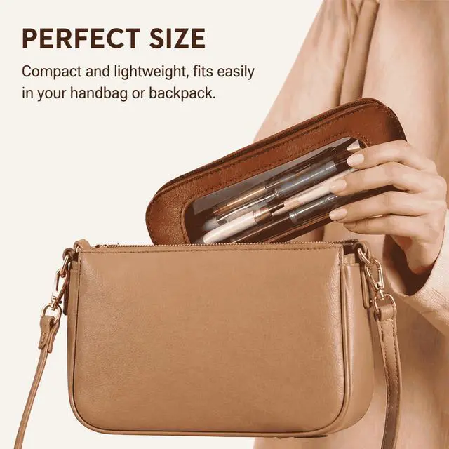 Alt view image 7 of 7 - Small Clear Makeup Brush Bag, Brown PU Leather Travel Cosmetic Pouch, Transparent Waterproof Pencil Case Organizer with Zipper for Women Home & Office Storage
