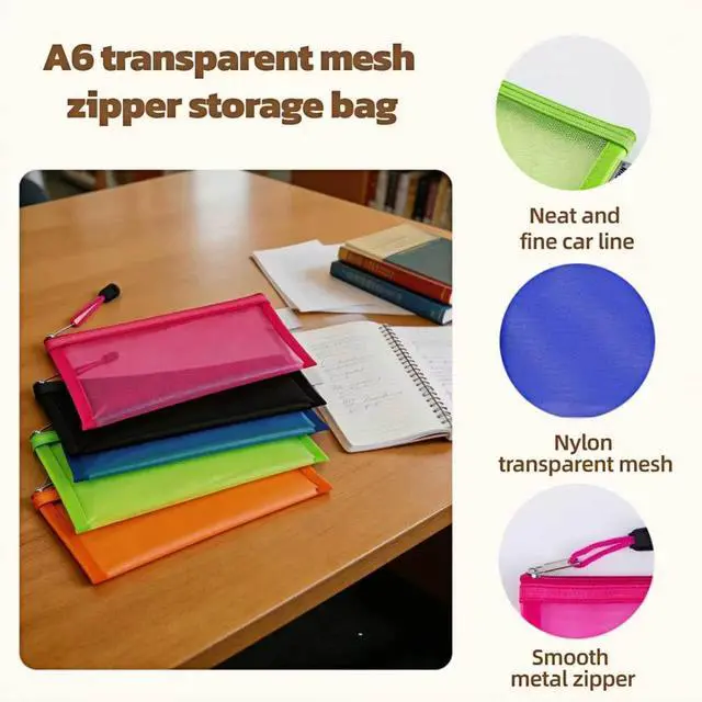 Alt view image 3 of 7 - 5 Pack Multi-Purpose Nylon Mesh Cosmetic Bags, Travel Organizer, Pencil Case, 4.7 x 8.6 inch, Portable Makeup Bags for Travel Home Office - Royal Blue, Rose Red, Green, Orange, Black