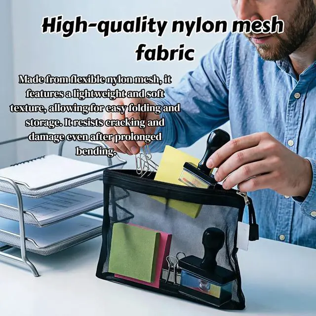 Alt view image 5 of 7 - 5 Pack Multi-Purpose Nylon Mesh Cosmetic Bags, Travel Organizer, Pencil Case, 4.7 x 8.6 inch, Portable Makeup Bags for Travel Home Office - Royal Blue, Rose Red, Green, Orange, Black