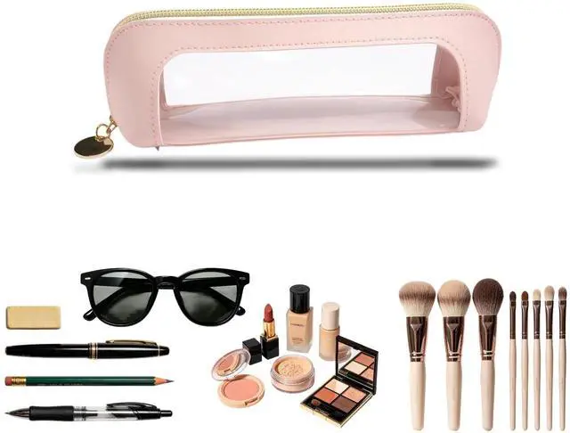 Main image of Clear Window Pencil Case, PU Leather with Transparent PVC Window, Waterproof, Zipper Pouch for Makeup Brushes, Cosmetics, Stationery Portable See-Through Pouch for Women for Travel Home Office Use