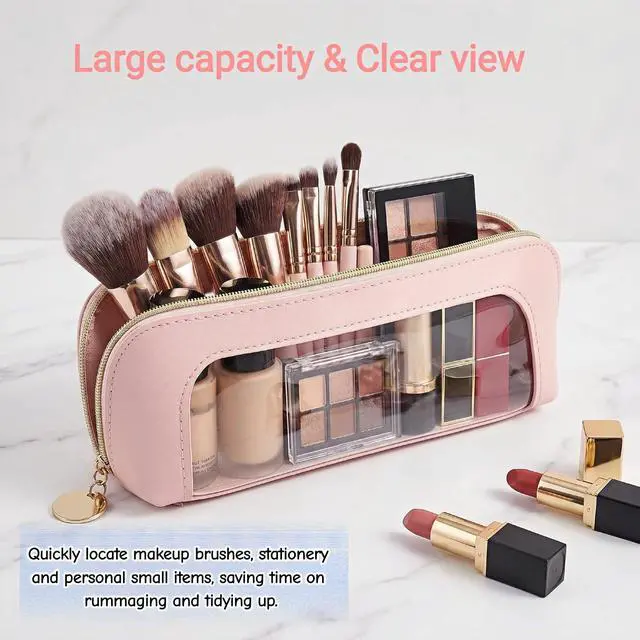 Alt view image 2 of 7 - Clear Window Pencil Case, PU Leather with Transparent PVC Window, Waterproof, Zipper Pouch for Makeup Brushes, Cosmetics, Stationery Portable See-Through Pouch for Women for Travel Home Office Use