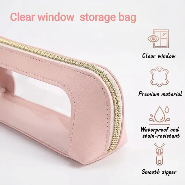 Alt view image 3 of 7 - Clear Window Pencil Case, PU Leather with Transparent PVC Window, Waterproof, Zipper Pouch for Makeup Brushes, Cosmetics, Stationery Portable See-Through Pouch for Women for Travel Home Office Use