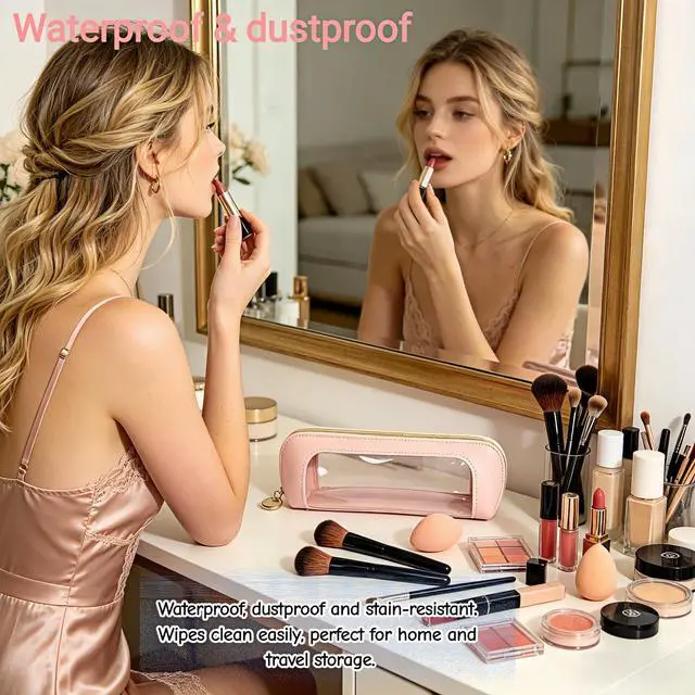 Alt view image 5 of 7 - Clear Window Pencil Case, PU Leather with Transparent PVC Window, Waterproof, Zipper Pouch for Makeup Brushes, Cosmetics, Stationery Portable See-Through Pouch for Women for Travel Home Office Use