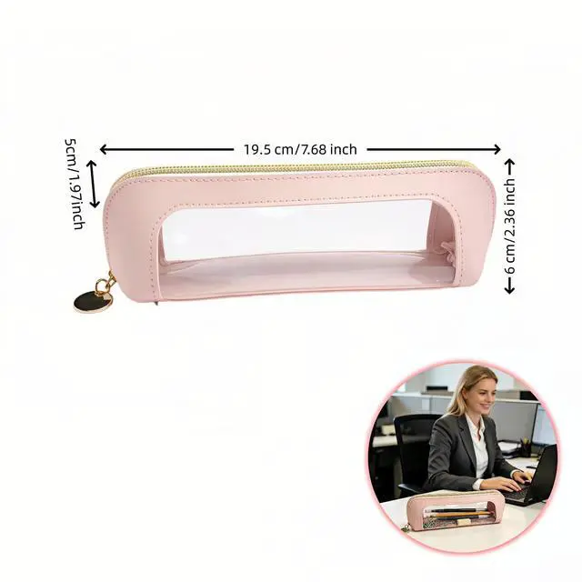 Alt view image 6 of 7 - Clear Window Pencil Case, PU Leather with Transparent PVC Window, Waterproof, Zipper Pouch for Makeup Brushes, Cosmetics, Stationery Portable See-Through Pouch for Women for Travel Home Office Use