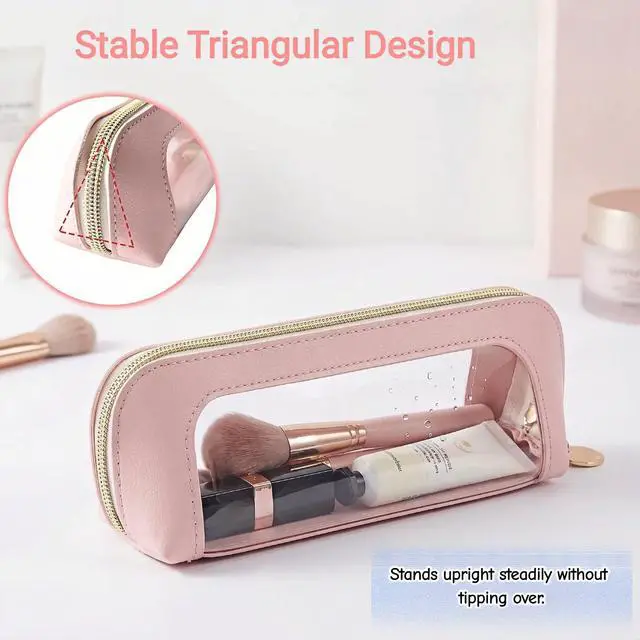 Alt view image 7 of 7 - Clear Window Pencil Case, PU Leather with Transparent PVC Window, Waterproof, Zipper Pouch for Makeup Brushes, Cosmetics, Stationery Portable See-Through Pouch for Women for Travel Home Office Use