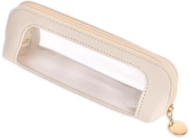 Main image of Small Clear Makeup Bag, PU Leather Travel Makeup Brush Case Portable Transparent Waterproof Cosmetic Organizer Pouch with Zipper for Women Home Travel Office Cosmetic Storage (Beige)