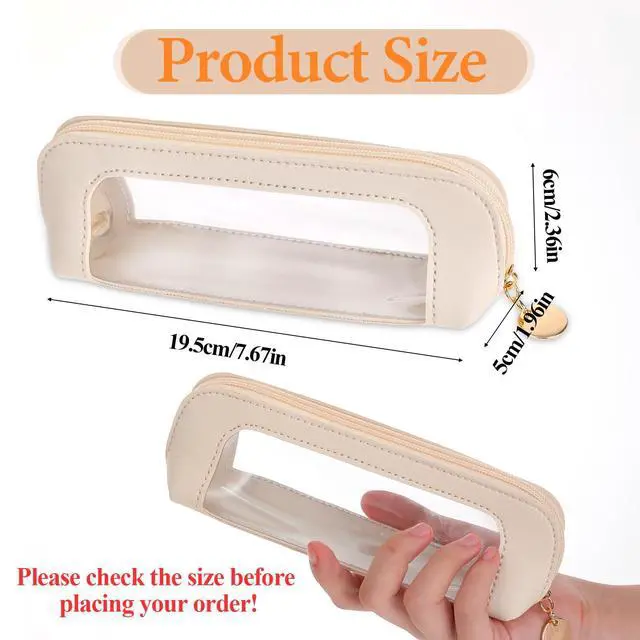 Alt view image 2 of 7 - Small Clear Makeup Bag, PU Leather Travel Makeup Brush Case Portable Transparent Waterproof Cosmetic Organizer Pouch with Zipper for Women Home Travel Office Cosmetic Storage (Beige)