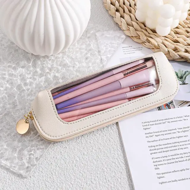 Alt view image 3 of 7 - Small Clear Makeup Bag, PU Leather Travel Makeup Brush Case Portable Transparent Waterproof Cosmetic Organizer Pouch with Zipper for Women Home Travel Office Cosmetic Storage (Beige)